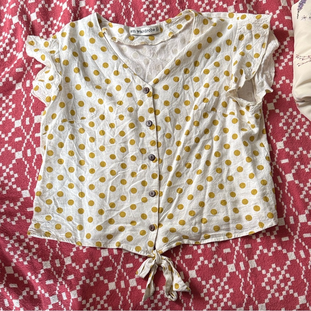 Button-Front Tie Polka Dot Top - Yellow Dot on Cream
